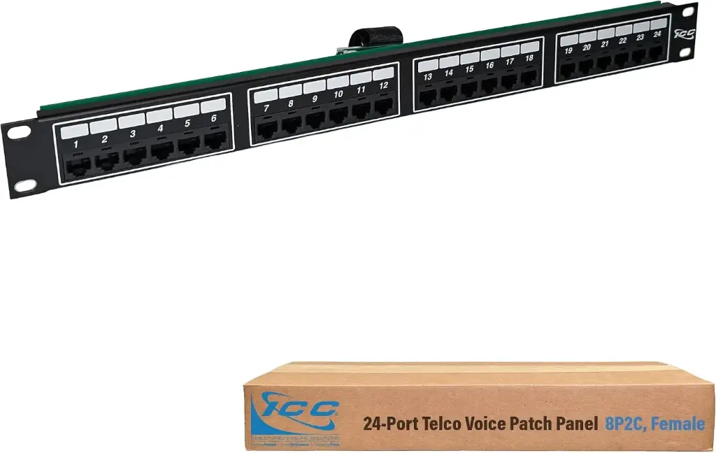 ICC Voice 8P2C Telco Patch Panel with 24 Ports, Rear Female Telco/Amphenol Connector, 1 RMS, 19-Inch Rack-Mounted Patch Panel for Telephone, PBX, IP Phone Systems and LANs, RJ-45, Black