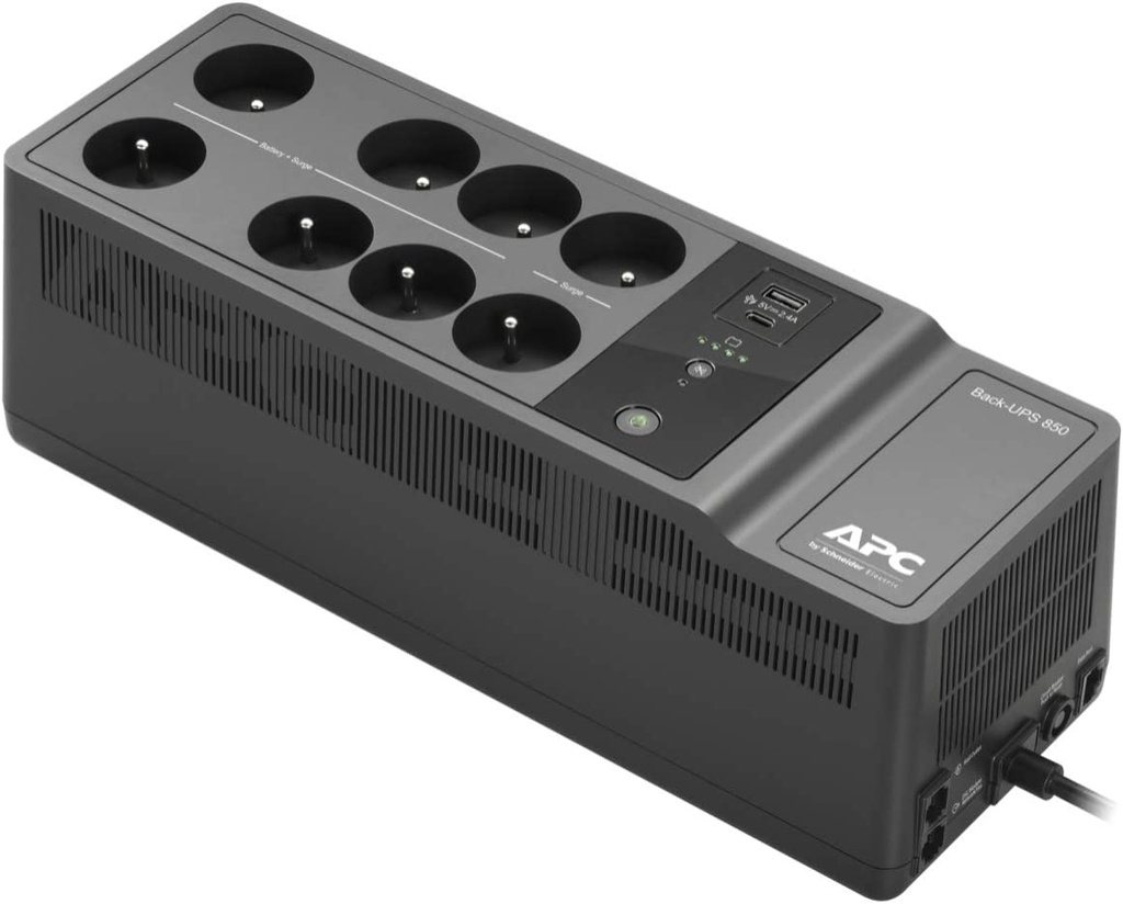 APC Back-UPS "Essential" BE850G2-FR - Onduleur parafoudre avec batterie de secours de 850VA (8 prises, parasurtenseur, 2 port de charge USB rapides Type-A et Type-C)