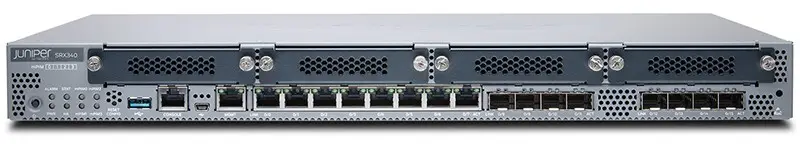 Juniper SRX340 Services Gateway includes hardware (16GE, 4x MPIM slots, 4G RAM, 8G Flash, power supply, cable and RMK) and Junos Software Base (Firewall, NAT, IPSec, Routing, MPLS and Switching)